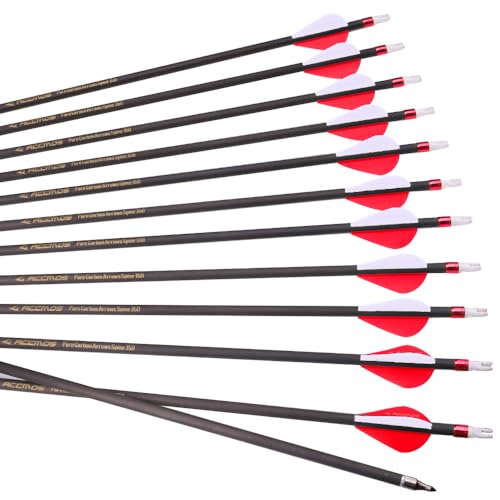 PHILOCS 12pc 27-Inch Spine-300 Arrow Removable Tips Targeting Hunting Arrow Plastic Fletching 2 Inch Vane Carbon Arrows for Compound Bow Recurve Bow Adult Youth Archery Red