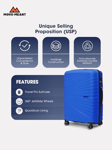 Image of Move-Meant Travel Crew Small, Medium & Large 55, 66 & 75 Cm Suitcase 8 Wheels Number Lock Poly Carbonate Blue Trolley Bag for Men & Women | 360 Degree Wheeling System Luggage