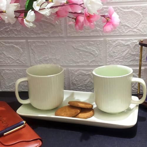 Image of Premium Ceramic Coffee Mug Set with Tray | Mugs 300 ml (Set of 2) with Matching Serving Tray | Modern Stoneware Cups | Ideal for Tea, Coffee & Gifting (Green)