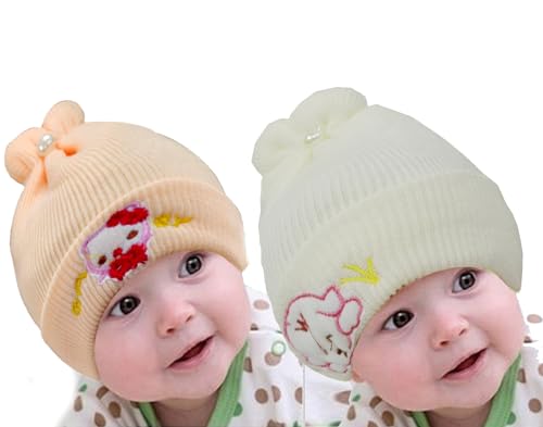 Image of Pack of 2 100% Woolen Cap for New Born Baby | Winter Warm Cap | Baby hat Cap for Winter | Woolen Cap for Baby, Kids