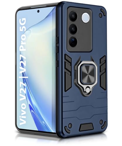 Image of WOW IMAGINE Shock Proof Back Case Mobile Cover for Vivo V27 | V27 Pro 5G (Tough Armor | Hybrid PC + TPU | Full Protection with Ring Holder & in-Built Kickstand | Blue)