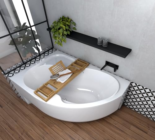 ECOLAM Baignoire d'angle en acrylique asymétrique Wela 170x100 cm gauche + tablier en acrylique | Planche en bambou | Pieds...
