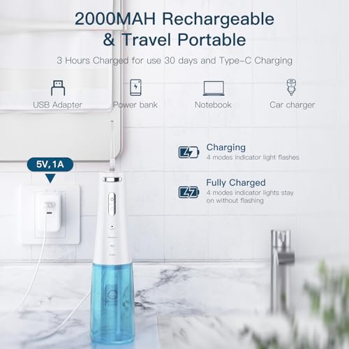 travel-ready 300ml cordless water flosser for teeth  ipx7 waterproof 4 pressure modes amp 2000mah battery for deep cleaning at home or on-the-go blue amp white
