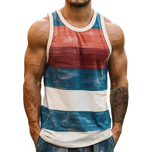 Camiseta Tirantes Hombre Verano Playa Moda Rayas Estampado Camiseta sin Mangas Hawaiano Chalecos Deportivos Regular con Cuello Redondo Cómodo Transpirable Casual Chandal Tank Top