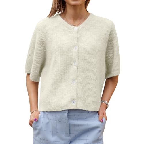 Image of Women Knitted Crop Cardigan Blouse Short Sleeve Button Down Sweater Shirt Y2k Open Front Cardigan Top Streetwear