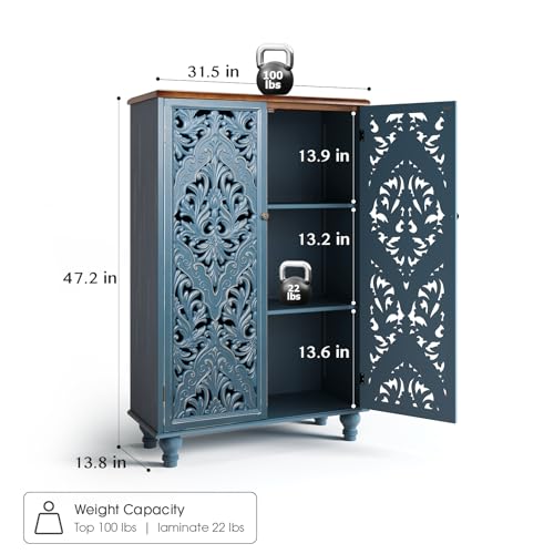 Image of JOINICE 47 inch Tall Accent Cabinet with Carved Doors & Storage for Living Room | Vertical Storage for Dining Room,Bedroom, Carved Floral Design, Walnut Finish Top, Farmhouse /Rustic Style, Adjustable Shelves