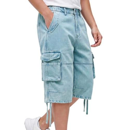 Heyfanee Mens Cargo Jean Shorts Relaxed Fit Below Knee Length Work Jorts Elastic Waist