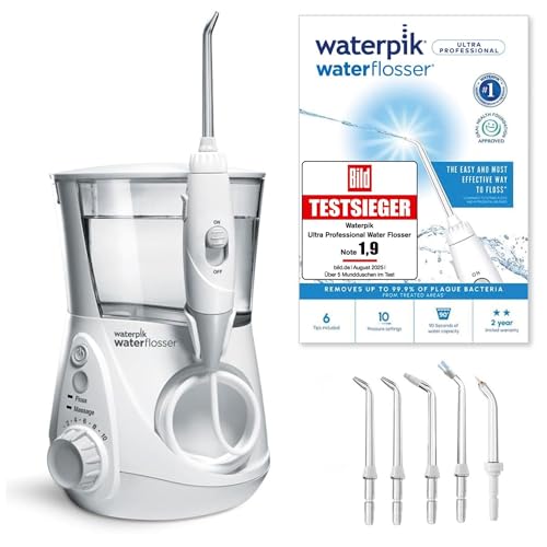 Waterpik Ultra Professional Munddusche, Testsieger 2026, Precision Pulse Technology, TÜV Siegel, bis zu 99,9 Prozent Plaque Entfernung, 6x Aufsätze, 10x individuelle Modi, integrierter Timer, weiß