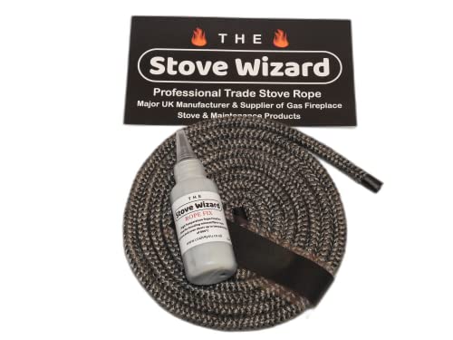 The Stove Wizard Black Stove Rope Kit 12mm x 3.5m Long with Large 50ml Super Seal Adhesive Flues Glass Door Seals Wood Log Burner Replacement Multi Fuel Stove Made In The UK