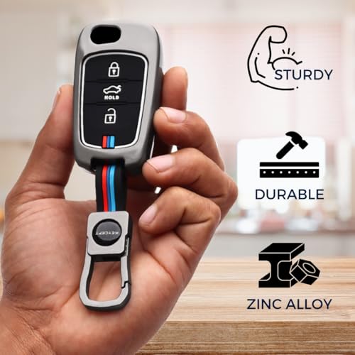 Image of Keycept Metal Alloy Key Cover Compatible with Hyun-dai i10, i20 Old 3 Button Flip Key with Keychain (Short Keychain).