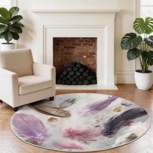 Tapis rond 120 cm antidérapant et lavable machine rose Plume - 3