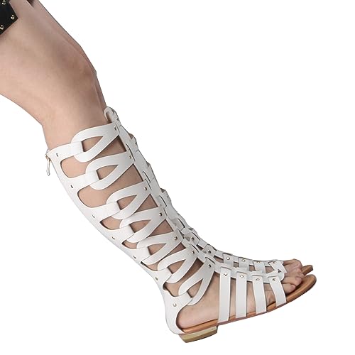 Image of Hanfike Knee High Sandals for Women Gladiator Cut Out Summer Roman Boots