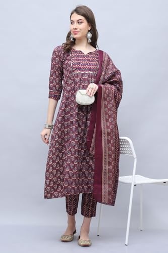 Image of Rajnandini Women's Cotton Blend Jaipuri Printed Kurta Set with Dupatta (JOPLST218-P Wine & Beige P)