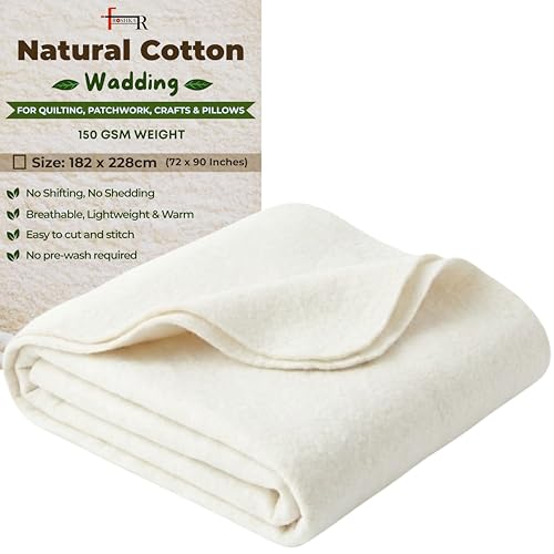 FROSHKAR Natural Cotton Wadding for Quilting Sewing Crafting & DIY 150 g/m Lightweight Low-Loft Cotton Batting Soft All Season Quilt Wadding 182 x 228cm (72 x 90)