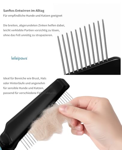 LeileiPaws Entwirrkamm & Breitzahnkamm für Hunde & Katzen – Fellpflegekamm gegen Knoten, lose Haare & Schmutz – Edelstahlzähne, ergonomischer Anti-Rutsch-Griff, für Langhaar & Lockiges Fell Haustiere