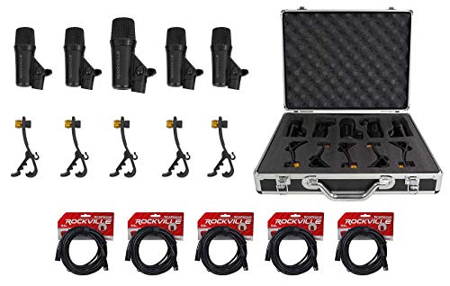 Rockville PRO-D5 KIT 5 Piece Drum Mic Kit w/Kick+Snare Microphones+XLR Cables