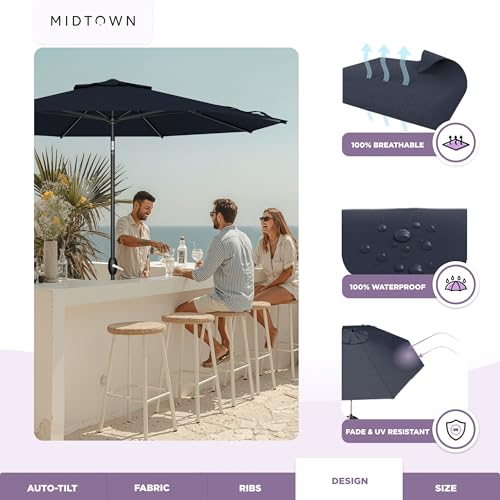 Image of Midtown Umbrellas - The Lean 8 Ft Patio Umbrella with 10-Year-No-Fade Acrylast Acrylic Fabric, Auto-Tilt and 8 Reinforced Ribs for Deck, Pool, Garden, Hotel & Cafes - Harbor Navy Canopy, Black Pole