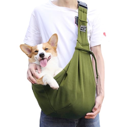 ペットバッグ 斜めショルダーバッグ 抱っこ紐 犬猫兼用 小型犬 肩パッド 底板付き メッシュネット 飛び出し防止用ストラップ付 安全ロープ付き 調節可能 お出かけ抱っこ (ミリタリーグリーン)