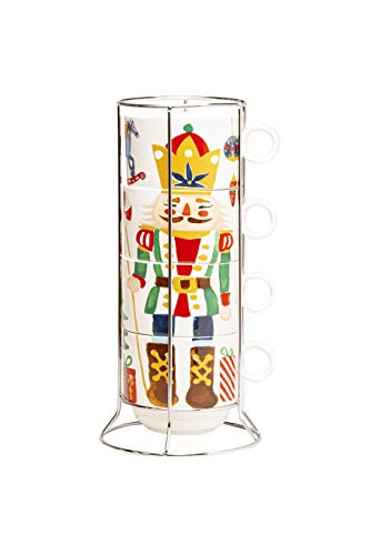 Grace Teaware Stackable Coffee Tea Mug 10-Ounce Set of 4 With Metal Stand (Holiday Nutcracker)