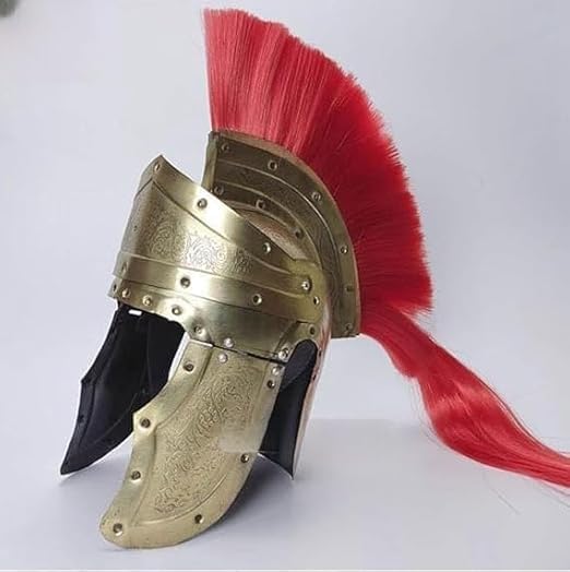 Medieval Roman Spartan Helmet with Red Plume – Antique Brass Finish Greek Warrior Armor Costume Helmet.