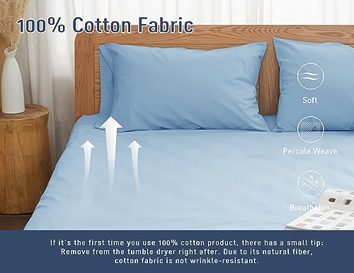 Pillow Cases, King Size Cotton Percale Weave Pillowcases, Pre-Shrunk Breathable and Hypoallergenic Pillowcases, Set of 2 (2 Piece King 20 Inch x 40 Inch, Light Blue)
