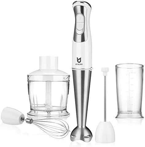 Immersion Hand Blender, Utalent 5-in-1 8-Speed Stick Blender with Milk Frother, BPA-Free, 600ml Beaker, 500ml Food Chopper, Egg Whisk for Puree Baby Food, Coffee Milk Foam, Smoothies, Sauces and Soups - White