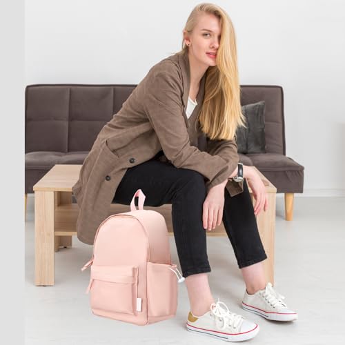 Hetenoyo Aesthetic Backpacks for Women Lightweight Casual Simple Book Bag Solid Color Bookbag Canvas Daypack Travel Backpack (Pink)