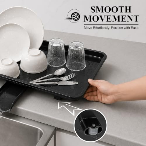 Image of JD FRESH Dish Drainer Tray with Water Drain Spout /BPA-Free Plastic Utensil Drying Tray /Countertop Kitchen Sink Organizer with Wheels /Multipurpose Drying Stand for Kitchen (12 x 17 Inch, Black)