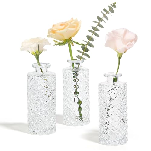 ComSaf Glass Bud Vases Set of 3, Small Flower Vases in Bulk, Mini Diamond Vases for Centerpieces, Clear Vintage Vase for Table Decorations, Wedding, Party, Receptions, Home Decor