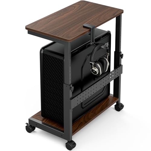 HOLMAXD Height Adjustable Computer Tower Stand, 2-Tier ATX-Case CPU Holder with Mouse Pad & Headphone Stand, Mobile PC Standing Under Desk, Home Office Gaming Accessories, Computer Cart, Walnut