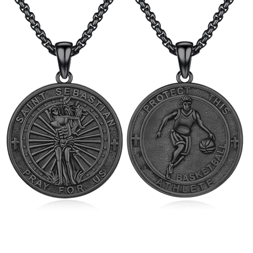 XIXLES 925 Sterling Silver Unisex St Sebastian Basketball Medal Necklace