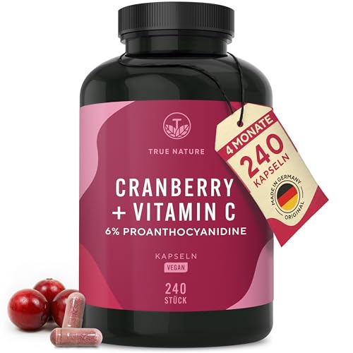 Cranberry + Vitamin C 240 Cranberry Kapseln hochdosiert - 50.000 mg pro Tag (25:1) Extrakt - 6% Proanthocyanidine - Hergestellt & laborgeprüft in DE - Vegan ohne Zusätze - TRUE NATURE