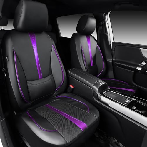 CAR PASS Nappa Leather Car Seat Covers Water Resistant 3D Foam Faux Leather Seat Covers Lumbar Support Automotive Seat Covers 2 Front Seats Comfort & Universal Fit for Cars SUV Truck Black Purple