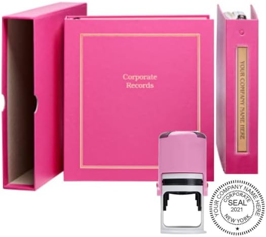 Corporate Kit (Pink) - Binder, Slipcase, Minutes & Bylaws, Stock Certificates, Index Tabs & Pink R-542 Self-Inking Corporate Seal Stamp