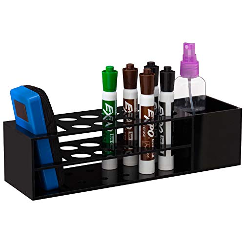 MyGift Wall Mounted Black Acrylic Dry Erase Whiteboard Marker and Eraser Holder Rack with Storage Slot for Cleaner Bottle