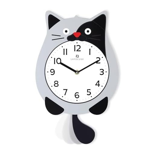Lafocuse Cat Wall Clock with Swinging Tail, Gray Cat Clocks Analog for Kids Bedroom, Cute Animal Clock Battery Operatedfor Living Room Home Décor