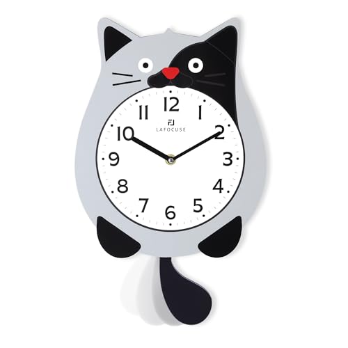 Lafocuse Horloge Murale Gris Chat Design avec Pendule Queue de Chat, Originale Pendule Murale...