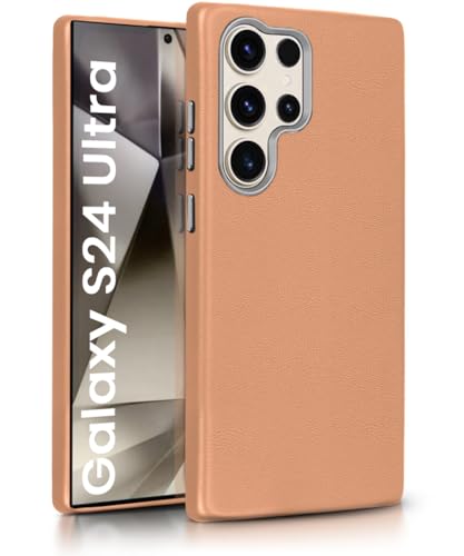 Image of WOW IMAGINE Back Cover for Samsung Galaxy S24 Ultra 5G | Shockproof Tough Leather Texture Hard Mobile Case | Ultra Slim Non-Slip Grip | Inner Velvet Fabric | Metal Camera Ring - Tan Brown