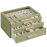 SONGMICS 3-Layer Jewelry Box with Glass Window, Jewelry Storage Organizer with 3 Drawers, Golden Handles, for Rings, Earrings, Bracelets, Gift Idea, Sage Green, 6.3 x 9.4 x 4.9 Inches UJBC206CE01S