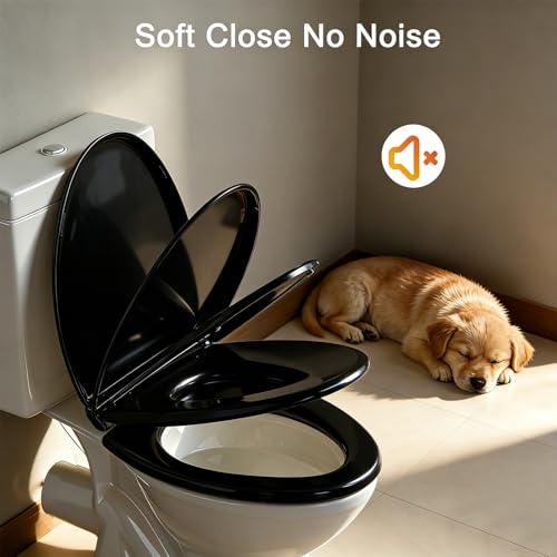 Image of Black Toilet Seat Elongated, 18.5 x 14.2 Inch, Slow Close, Bottom-Mount Design, Fits 2-Piece Toilets, Durable & Easy to Install, PP Material Safe and Durable