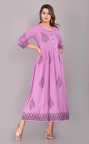 Image of Women's Rayon Anarkali Hand Block Printed Kurti (Large, Light Purple)