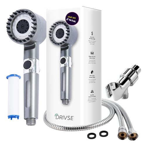 Original Drivse IonDrops Filtered Shower Head - High Pressure Shower Heads with 1 Replacement Filter, Detachable Handheld Showerhead with Long Flexible Hose Holder, Adjustable Bracket Showerhead