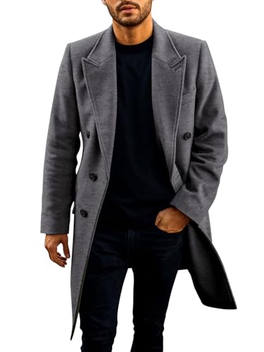 PASLTER Mens Trench Coat Mid Long Double Breasted Slim Fit Peacoat Notched Lapel Winter Business Overcoat