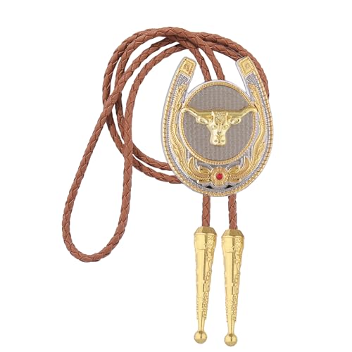 Image of Jeilwiy Bolo Tie for Men, Western Cowboy Golden Longhorn Bull Eagle Horse Cowboy Hat Bolo Necklace Leather Necktie for Women