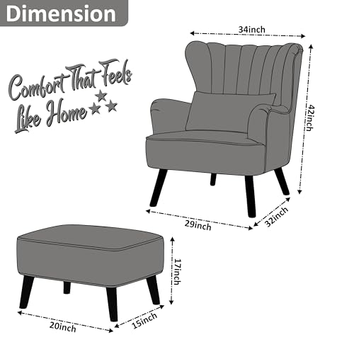 Image of Modern Velvet Wingback Accent Chair with Ottoman & Cushion for Living Room | Premium Upholstered Lounge Chair with Footrest |Grey