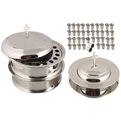 Communion Ware 2 Holy Wine Serving Trays with a Cover and 2 Stacking Bread Plates with a Cover with Set of 80 Cups - Stainless Steel (Mirror/Silver) Cover