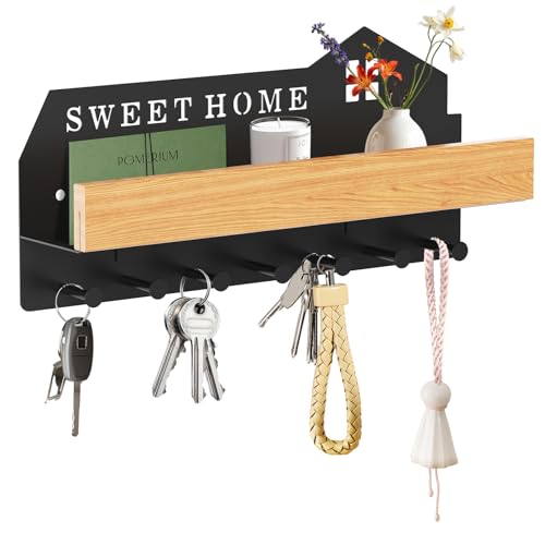 Schlüsselbrett mit Ablage Ohne Bohren, Multifunktionales Schlüsselboard/Schlüsselkasten Holz Modern, Schwarz Schlüssel Aufbewahrung mit 7 Schlüsselhaken, Schlüsselhalter für Wohnung Wand Flur Deko