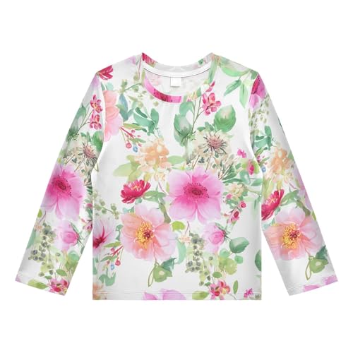 Floral Peony Blossom White Boy's Rash Guard Swim Shirt Long Sleeve Sun Shirt for Swimming Pool Beach UPF50+ 3T
