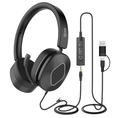 Dyazo Wired Headset with Microphone | Active & Environmental Noise Cancellation | 3-in-1 USB, Type-C & 3.5mm Connectivity | in-Line Controls | On-Ear 