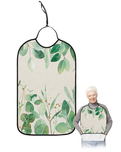 LEOKOTI Green Botanical Adult Bibs for Eating, Waterproof Bibs with Food Catcher & Adjustable Snap Closure, Watercolor Green Yellow Leaf Rustic Washable Clothing Protectors Adult Bibs for Elderly